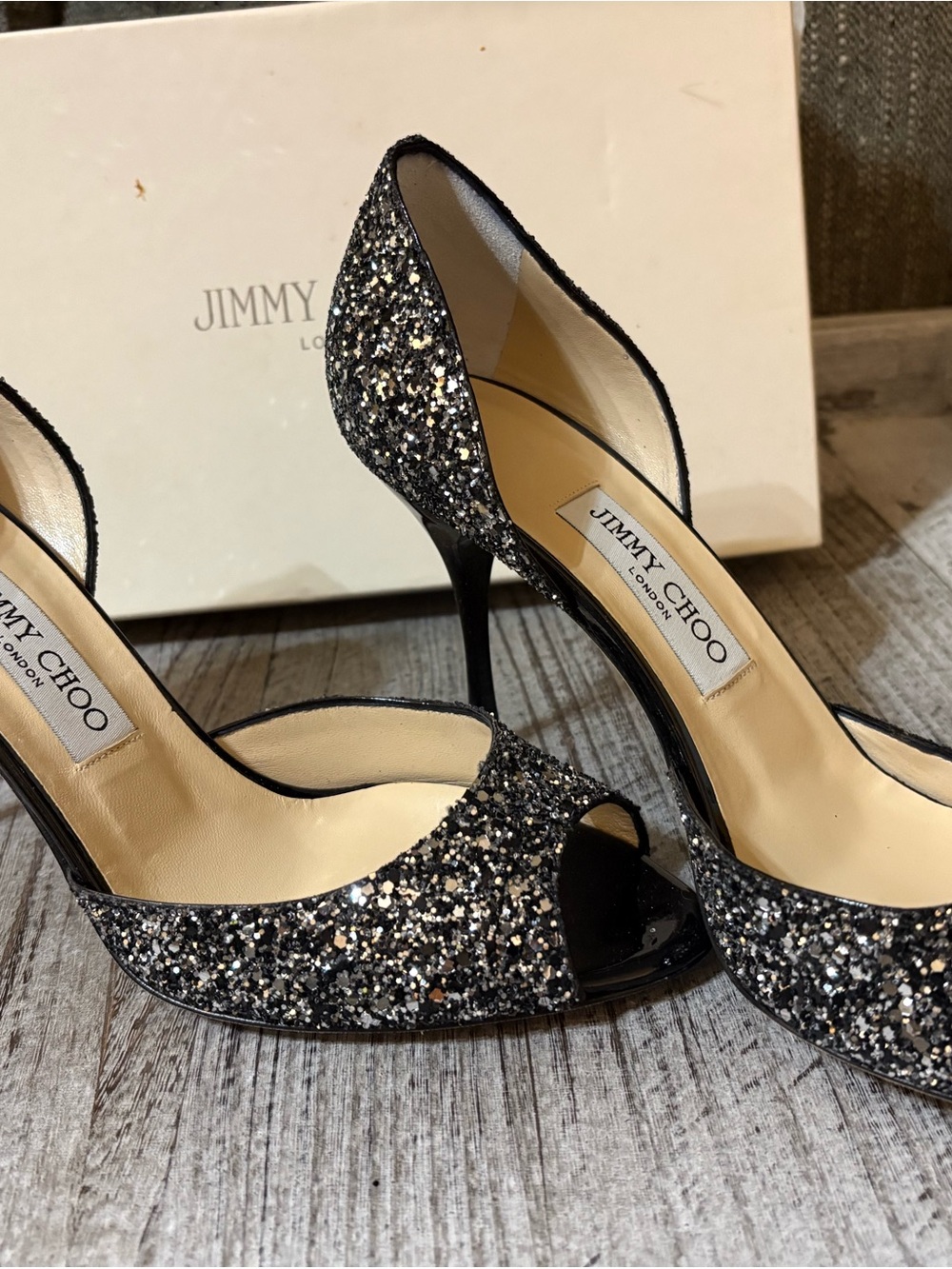 Jimmy Choo Black and Silver Glitter Peep-Toe Stilettos